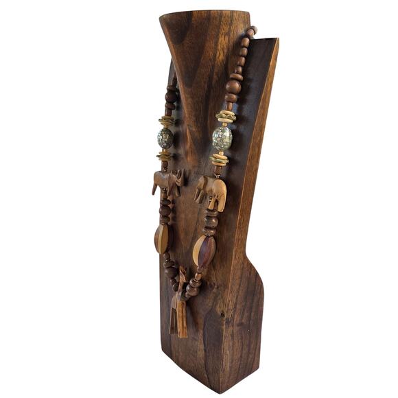 Vintage Safari Animal Charm Necklace Carved Wood Beads & Shell Inlay - Picture 7 of 9